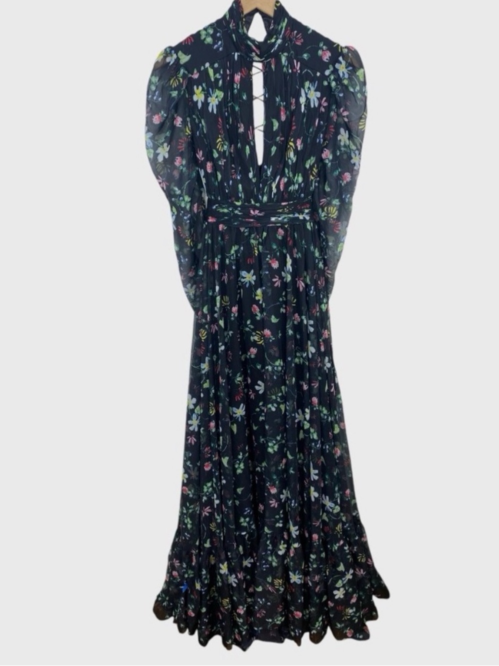 Mac Duggal Black Multicolor Floral High Neck Puff Sleeve Lace Up Back Gown - Picture 10 of 10
